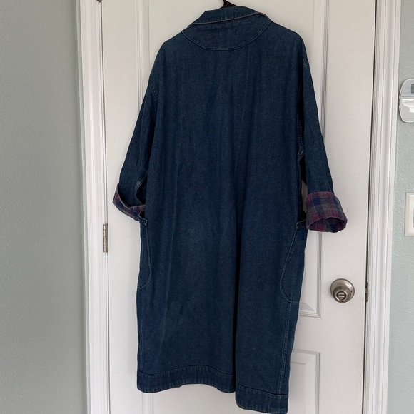 Vintage 80’s Denim Long Duster Blue Pink Plaid Lined Long Coat Sz L Jean Heavy - Picture 11 of 17